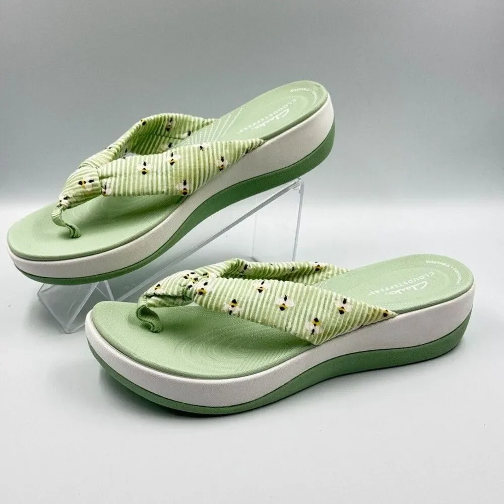 Clarks Cloudsteppers Drift Jaunt Women's 10 Green Daisy Strappy Wedge Flip Flops